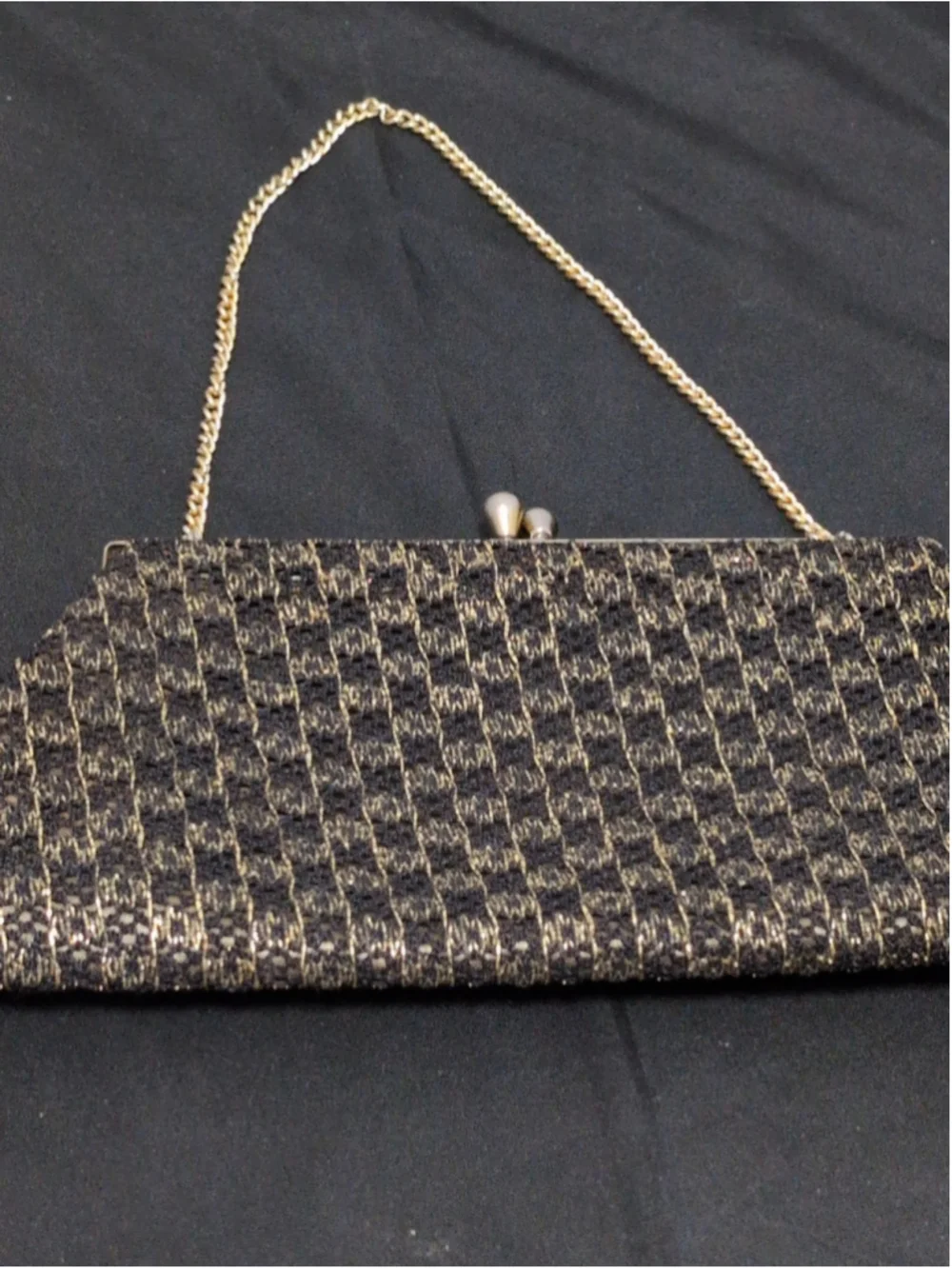 Vintage 50s 60s Geometric Gold Metallic Black Purse Evening Bag Embroider Clutch